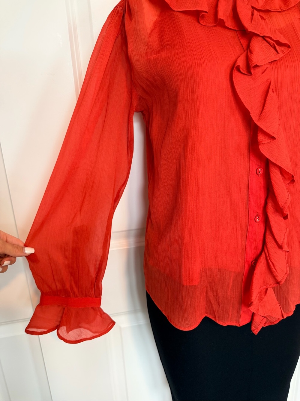 Sam Edelman Vibrant Red Ruffle-Front Button Down Blouse - Picture 3 of 8